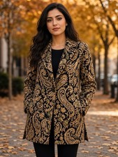 Exclusively Misook Black Paisley Jacquard Knit Jacket Blazer Camel Gold Olive S picture