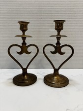 Cato Solid Brass Heart Candle Holders Pair Approx 8 in Tall picture