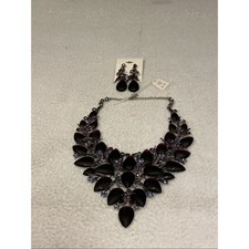 Dramatic Black and Deep Plum Teardrop Statement Necklace and Earring Set. 3388 picture