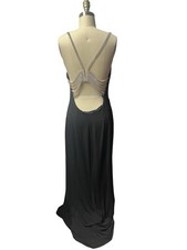 Y2K Cache Bodycon Slinky Maxi Dress Black Rhinestone Open Back Cocktail Party M picture