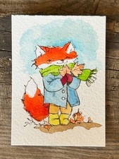 Origional Watercolor  ACEO Fox and autumn leaves signed by artist Edith Schmidt picture