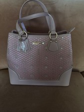 NWT Nicole Lee Gracie Tote Bag Pink Monogram Laser Cut Rhinestone Handbag Large picture