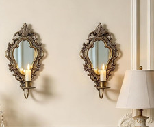 2 Antique Brass Ornate Metal Baroque Style Mirrored Wall Sconce Candle Holder picture