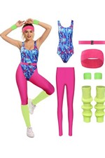 MASSWO 80s Workout Outfit Women 90s Aerobics Costume Retro Yoga Small, Pink picture