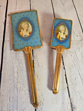 Vintage Marie Antoinette Portrait Brass Tone Dresser Set Hand Mirror & Brush picture