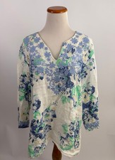 CHARTER CLUB blue floral EMBROIDERED linen top Women's PL picture