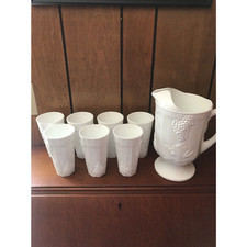 Vintage Indiana Colony Harvest Grape Milk Glass Pitcher & 7 Tumblers Set picture