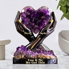 Personalized Amethyst Heart Acrylic Block Hands Holding Crystal Couple Gift Deco picture