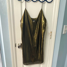 Wilfred Aritzia Metallic Gold Satin V-Neck Spaghetti Strap Slip dress XS Lined picture