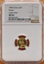 1996 China Gold Panda 5 Yuan Large Date 1/20 oz .999 Fine NGC MS 69 Buy It Now picture