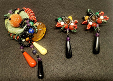 Gaetano Fazio Very Rare Jade, Cornelian, Tiger Eye Bead Brooch/Clip-on Earrings  picture