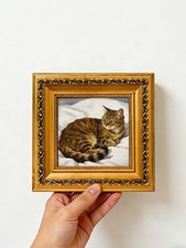 Fluffy Tabby Cat Resting Soft Linen,Custom Oil Painting from photo ,Size 4