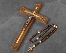 Hand Carved Wooden Crucifix Wall Cross – Catholic Gift with Rosary picture
