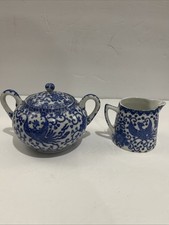 Vintage Blue & White Flying PHOENIX Turkey Bird Creamer And Sugar Bowl Set picture