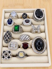 Lot of 14 Vintage Silver Tone Cocktail Rings | Gemstones Signed Monet Avon picture