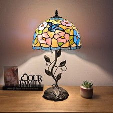 Tiffany Style Table Lamp Blue Pink Stained Glass Hummingbird Flowers 12