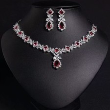Vintage Ruby Red Crystal Necklace Earrings Set Silver Bridal Jewelry picture