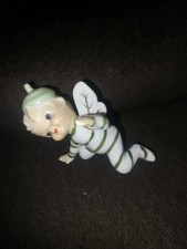  VINTAGE CERAMIC PIXIE FIGURINE GREEN STRIPES AND WINGS JAPAN picture