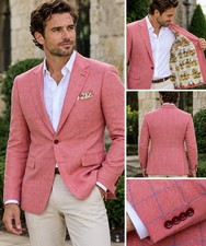 Q Clothier Custom Marzoni Italy Mens Sport Coat Pink Blue Windowpane Blazer picture