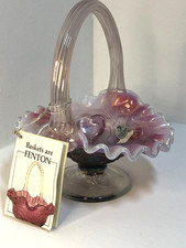 Fenton Opalescent Basket Inverted Strawberry Art Glass George Fenton 1994 picture