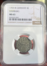 1703 IR GERMANY HAMBURG 4 Shilling NGC MS 63.  Rare picture
