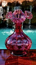 Vintage Fenton Cranberry Pink Art Glass Vase Melon Optic Body Ruffled Stamped picture