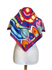 FREY WILLE Hommage A Hundertwasser Silk Scarf Red River Streets Square Art #A14 picture