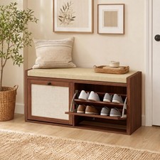 HOMCOM Shoe Storage Bench 2 Flip Drawers Adjustable Shelves, Brown picture