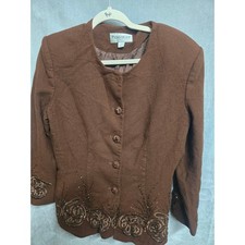 2pc Vintage John Meyer of Norwich Wool Skirt Suit Brown Beaded Floral 18 Blazer picture