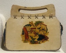 Vintage Mid Century Wooden Box Purse Mexican Folk Art Rooster Scene 1950s picture