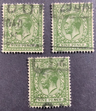 GB GV SG393b 9d pale olive green used Cat £40 each. 3 Stamps picture