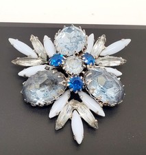 Juliana D&E Blue Milk Glass Aqua & Blue Rhinestone Navette Pin Brooch Vtg 1960s picture