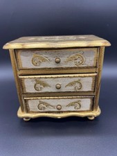 Italian Florentine Musical Jewelry Box Gold Gilt Wood 3 Drawer Dresser WORKS 7.5 picture