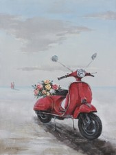 Beautiful Huge Hand-Painting Canvas with Red Color Blazing on Water  with Vespa picture