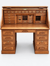 Vintage Style Roll Top Desk Wood Secretary Office Furniture Drawers Cubbies picture