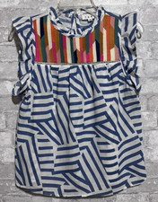 NWOT THML Blue White w/Multicolor Stitched Yoke Ruffle Neck & Sleeves Size XS picture