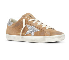 GOLDEN GOOSE Super-Star Distressed Glittered Leather-Trimmed Tan Suede Sneakers picture