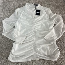 DKNY Women's Long Sleeve Shirred Front Mesh Top Size L NWT back zipper picture