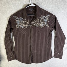 Carbon Black Y2K Shirt Mens Large Brown Button Up Striped Grahpic Long Sleeve picture
