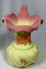 Fenton Burmese LTD ED HP Decorated Roses 7” Wavecrest Tulip Vase  Uranium Glow picture