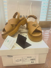 BARELY WORN TAN PRADA CRISSCROSS PLATFORM SANDALS W TRIANGLE LOGO,DUST BAG,SZ:38 picture
