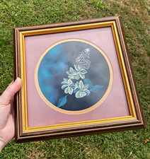 Vintage Framed Portrait Print on Paper, Monarch Butterfly & Flowers, Small picture