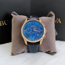 Men's Bulova Wilton Blue Classic Chronograph 97B170 Quartz Leather Watch 46.5mm picture