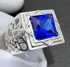 Men's Blue Sapphire Gemstone Handmade Engagement Ring 925 Sterling Silver Ring picture