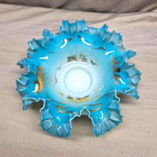 Vintage Pre-1970 Fenton Sky Blue Opalescent Ruffled Bowl Gold Greek Key Stencil picture