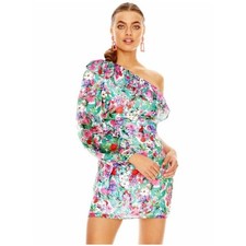 La Maison Talulah Women’s Sz M Floral Mini Dress One Sleeve  Ruffle Pink Green picture