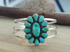 925 Sterling Silver Turquoise Flower Cuff Bracelet, Southwestern Boho Jewelry picture