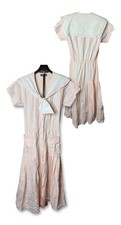 Vintage 80s Moonglow Pink Cotton Sailor Collar Drop Waist Dress Pockets Size M picture