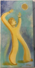 Original Signed Acrylic Painting Canvas Abstract Folk  Art Figure Sun Sky picture