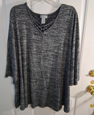 Catherines Women’s Plus 3X Gray/Black Heathered Knit V-Neck 3/4 Sleeve Top picture